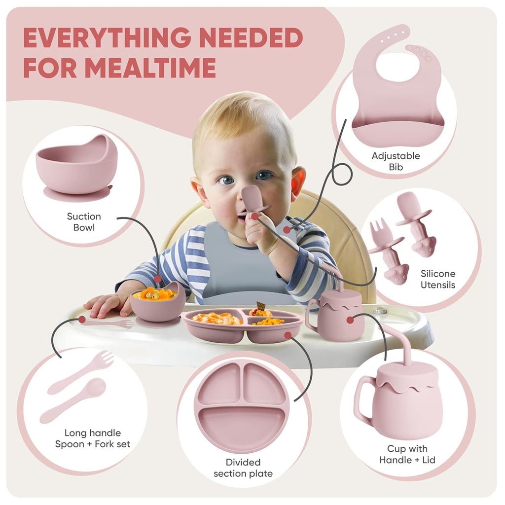 Kit d'alimentation pour bébé en silicone avec ventouse, 10 pièces, alimentation pour bébé avec bol à ventouse, assiette divisée, bavoir souple réglable, cuillère, fourchette, gobelet avec couvercle et autres ustensiles, rose Sakura