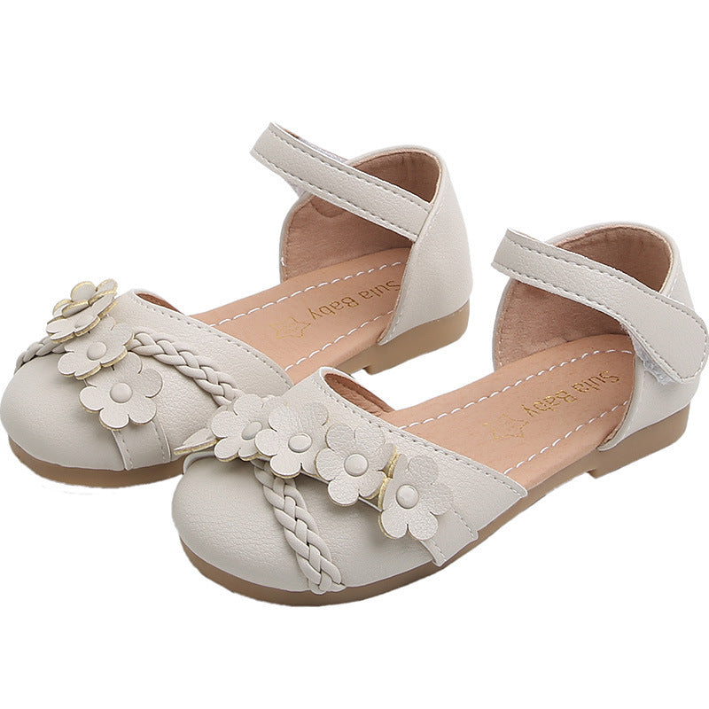 Girls half sandals flowers woven models princess shoes Korean version of the female baby slip leisure