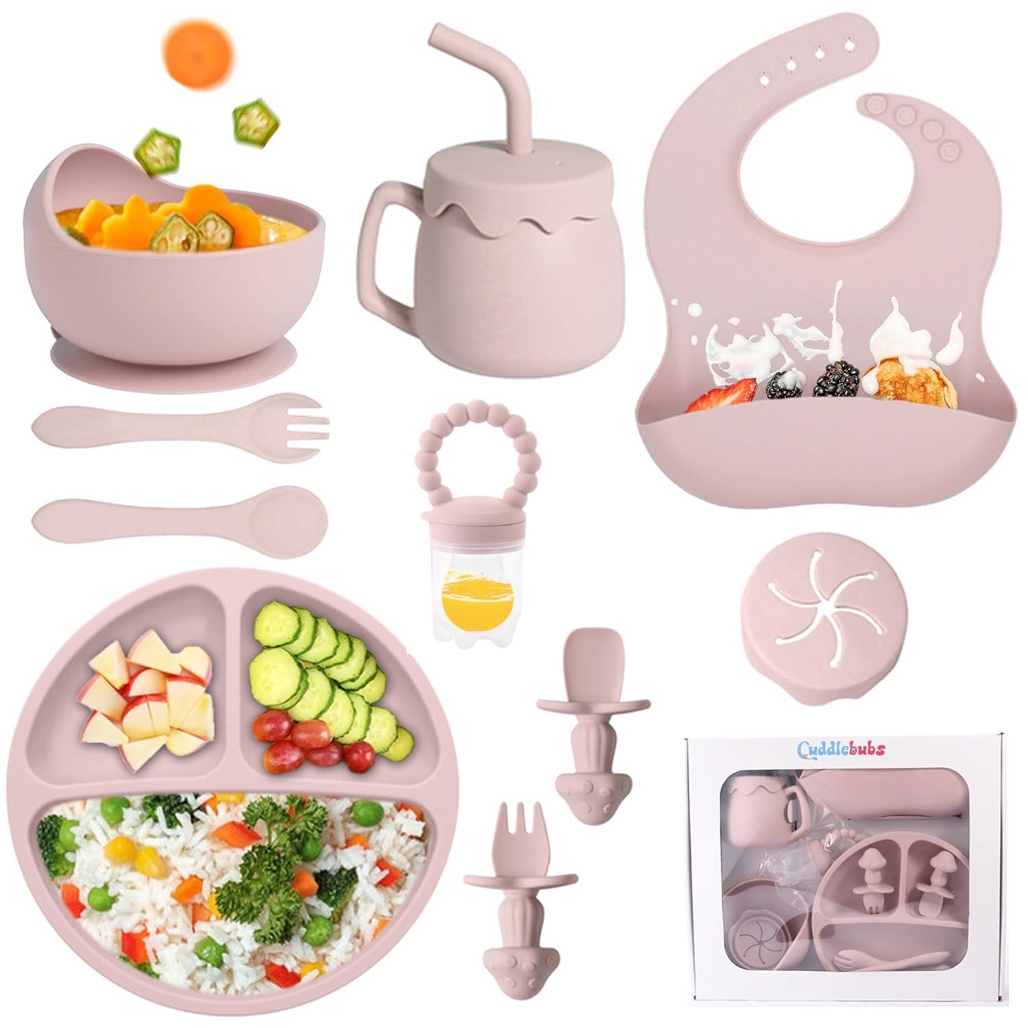Kit d'alimentation pour bébé en silicone avec ventouse, 10 pièces, alimentation pour bébé avec bol à ventouse, assiette divisée, bavoir souple réglable, cuillère, fourchette, gobelet avec couvercle et autres ustensiles, rose Sakura