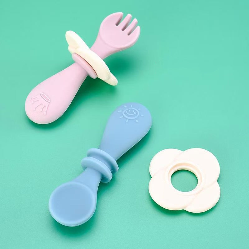 Short Handle Spoon Fork Children's Silicone Meal Feeding Fork Spoon Q Bomb