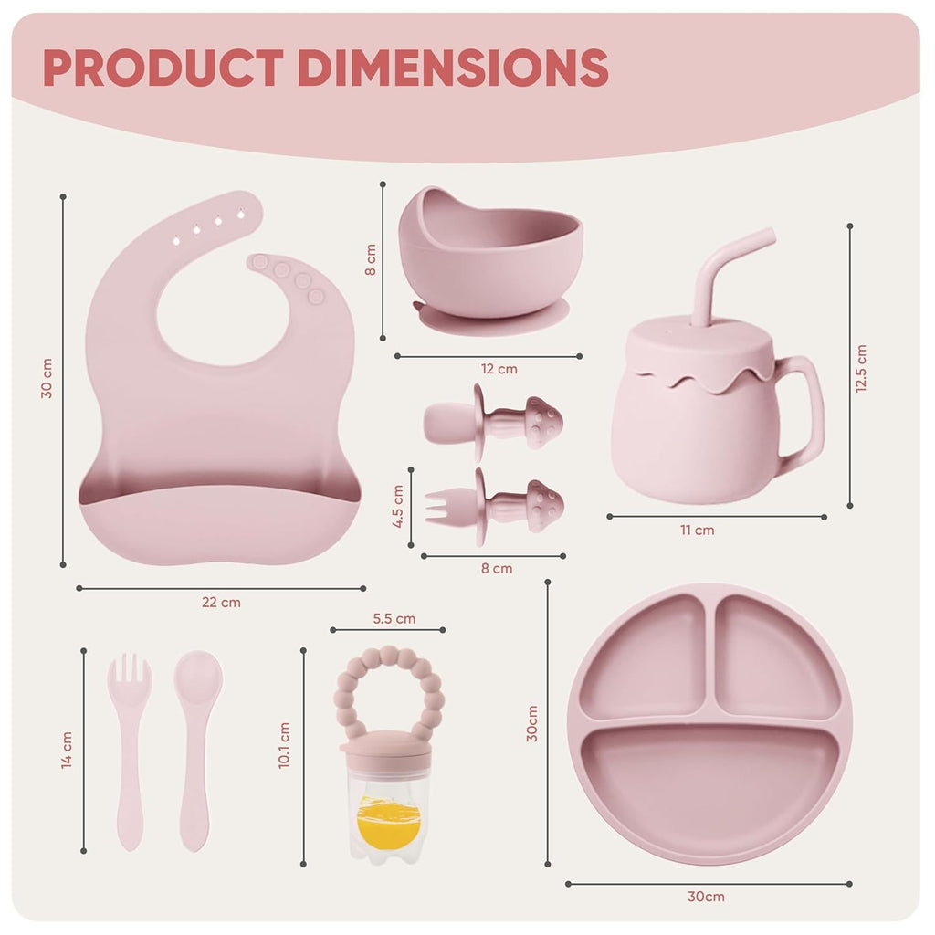 Kit d'alimentation pour bébé en silicone avec ventouse, 10 pièces, alimentation pour bébé avec bol à ventouse, assiette divisée, bavoir souple réglable, cuillère, fourchette, gobelet avec couvercle et autres ustensiles, rose Sakura