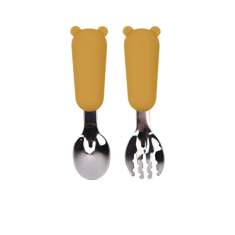 Cuillère en silicone pour bébé, motif ours de dessin animé, vaisselle pour enfants