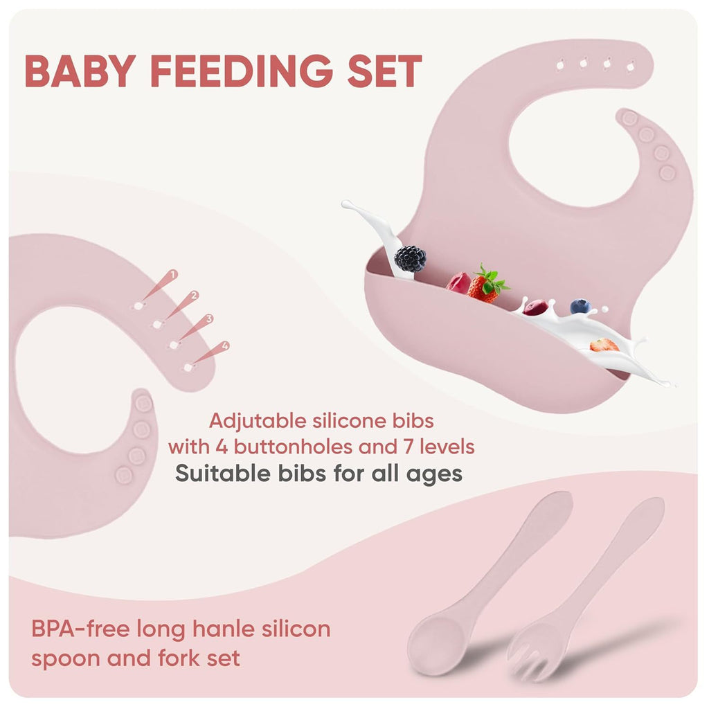 Kit d'alimentation pour bébé en silicone avec ventouse, 10 pièces, alimentation pour bébé avec bol à ventouse, assiette divisée, bavoir souple réglable, cuillère, fourchette, gobelet avec couvercle et autres ustensiles, rose Sakura