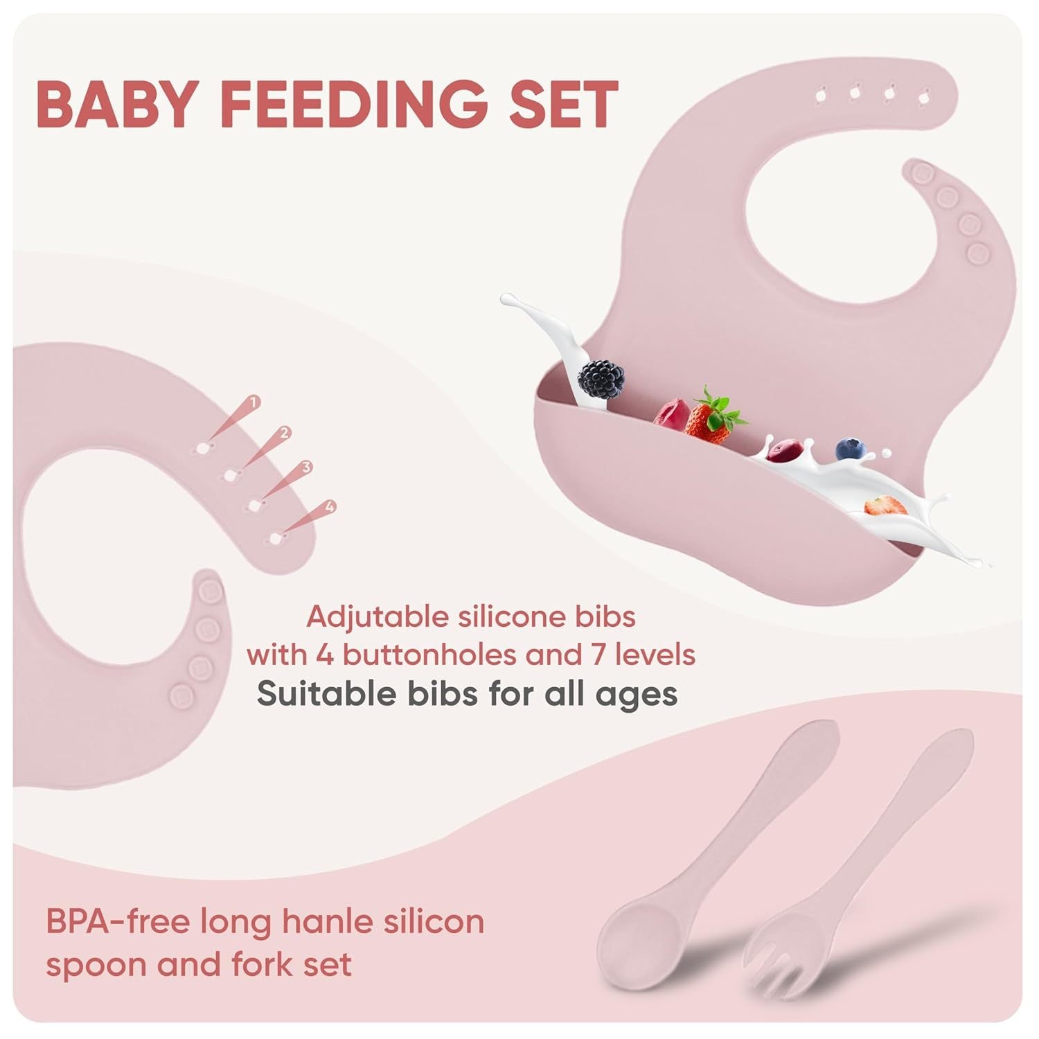 Kit d'alimentation pour bébé en silicone avec ventouse, 10 pièces, alimentation pour bébé avec bol à ventouse, assiette divisée, bavoir souple réglable, cuillère, fourchette, gobelet avec couvercle et autres ustensiles, rose Sakura