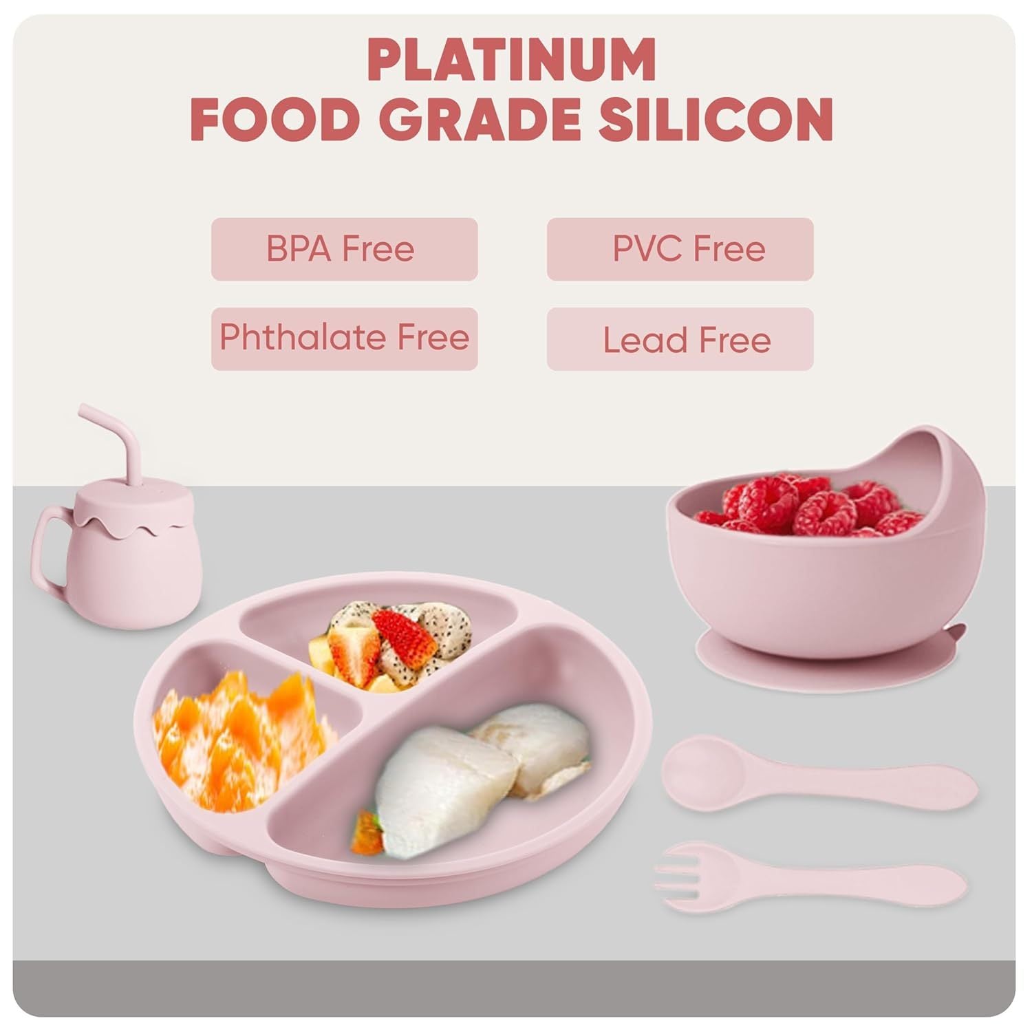 Kit d'alimentation pour bébé en silicone avec ventouse, 10 pièces, alimentation pour bébé avec bol à ventouse, assiette divisée, bavoir souple réglable, cuillère, fourchette, gobelet avec couvercle et autres ustensiles, rose Sakura