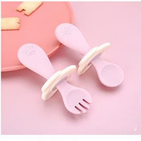 Short Handle Spoon Fork Children's Silicone Meal Feeding Fork Spoon Q Bomb