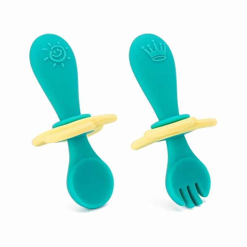 Short Handle Spoon Fork Children's Silicone Meal Feeding Fork Spoon Q Bomb