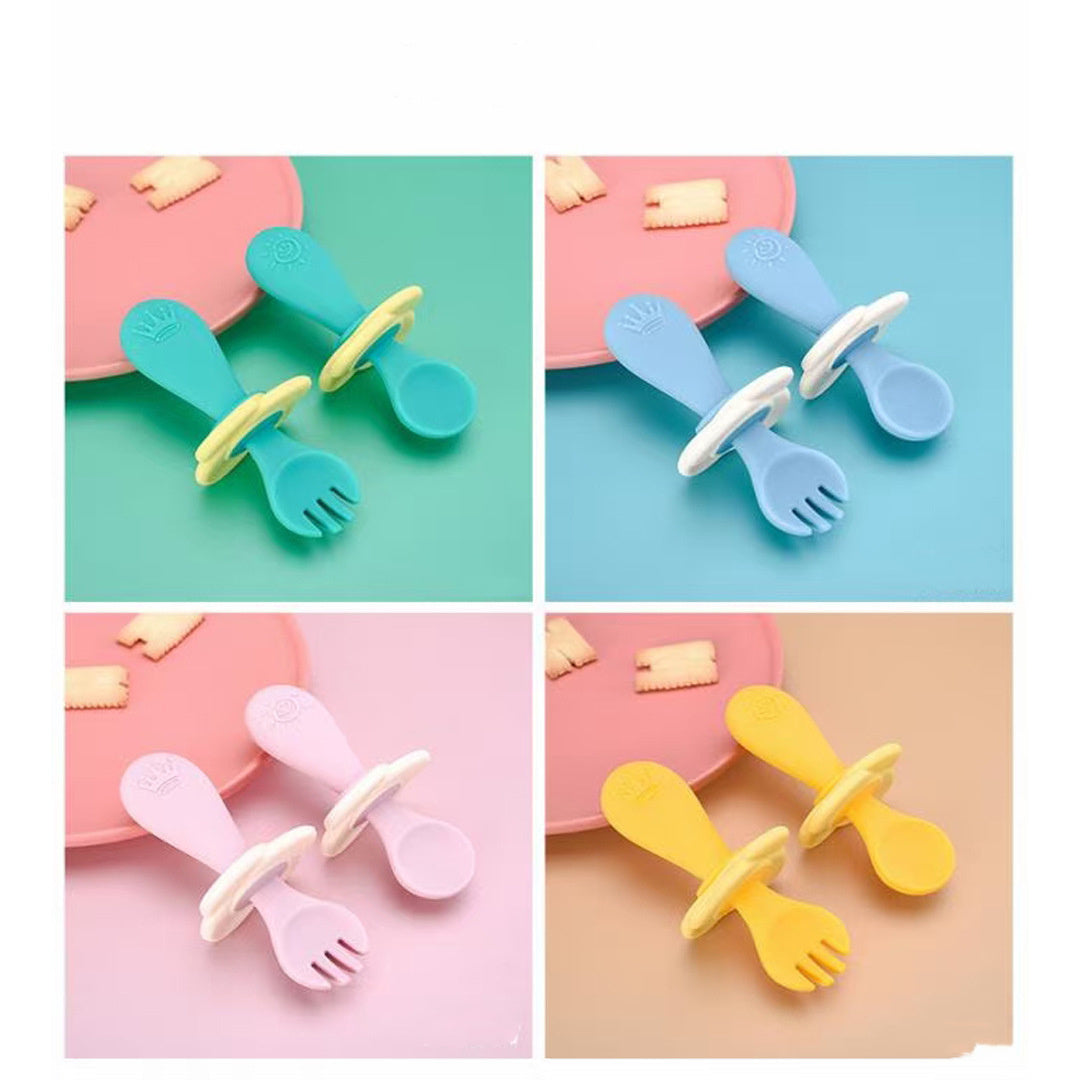 Short Handle Spoon Fork Children's Silicone Meal Feeding Fork Spoon Q Bomb